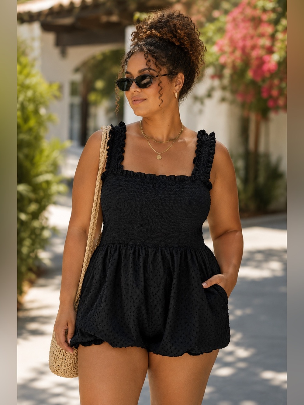 Black Smocked Romper Ruffle Strap Swiss Dot Shorts | Size L - Picture 1 of 11
